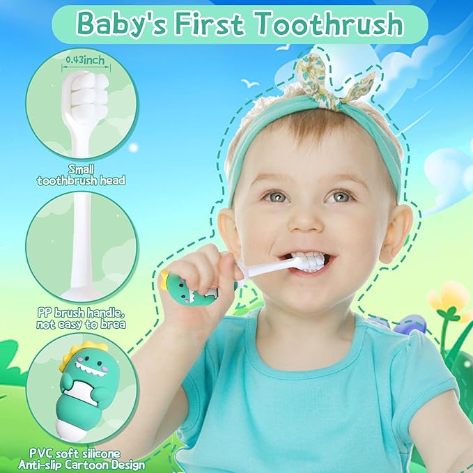 Toddler Toothbrush with Tongue Cleaner, Extra Soft Bristles for Kids 1-6，BPA-Free Baby Toothbrush with Ergonomic Grip & Non-Slip Handle， Kid Toothbrush for Gentle Care & Safe Brushing (4 Colors)