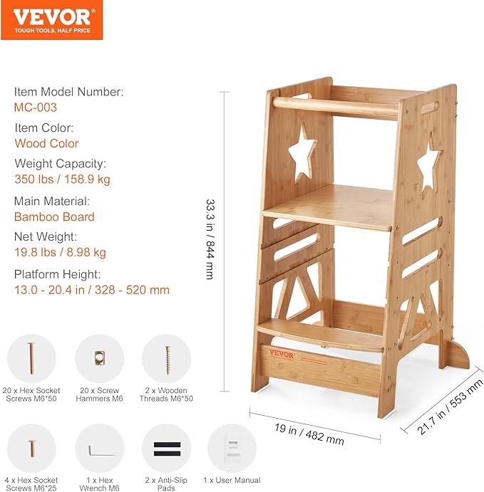 VEVOR Tower Step Stool, 3-Level Height Adjustable Toddler Step Stools for Kids, Bamboo Kitchen Stool, Kids Standing Tower Learning Stool with Safety Rail for Kitchen Counter Bathroom, 350LBS