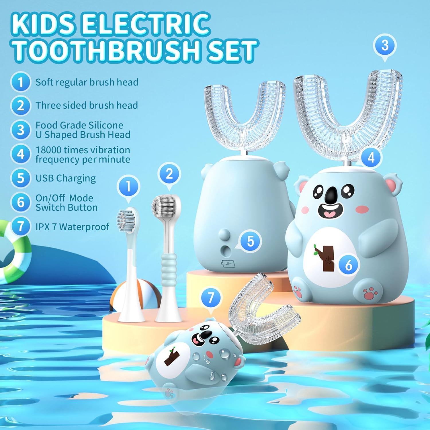 Kids U Shaped Electric Toothbrush, Automatic 360° Sonic Cleaning, 6 Modes, 4 Brush Heads, Cute Cartoon Koala Design (6-12 Age (Grey Blue))