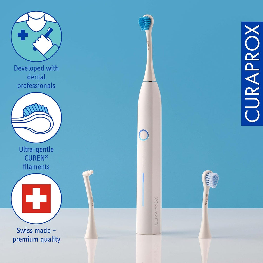 Curaprox Hydrosonic Pro Sonic Toothbrush – for Sensitive Teeth, Implants and Braces | Professional Cleaning at Home | Set with Three Brush Heads