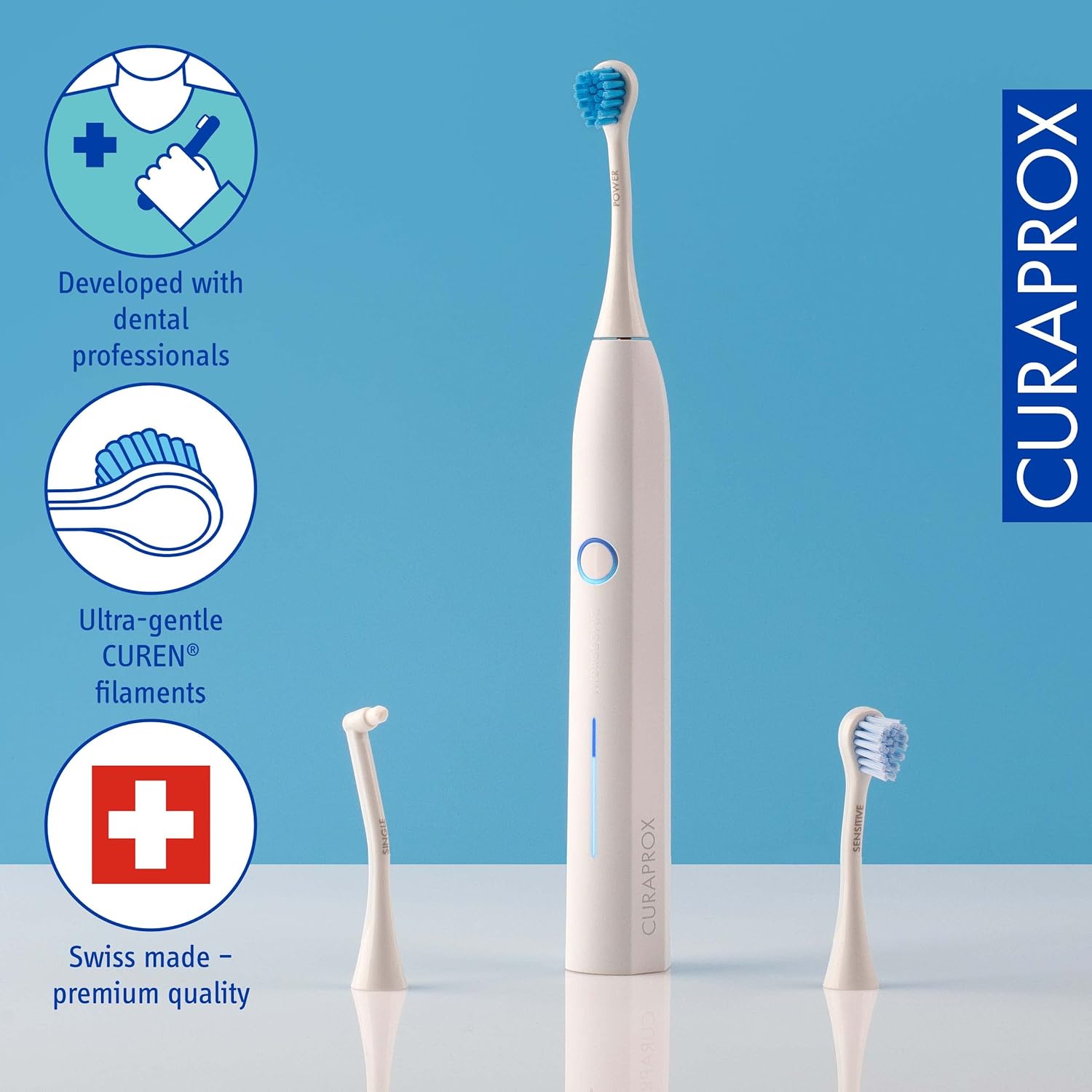 Curaprox Hydrosonic Pro Sonic Toothbrush – for Sensitive Teeth, Implants and Braces | Professional Cleaning at Home | Set with Three Brush Heads
