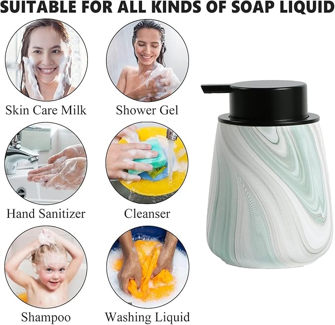 12Oz Ceramic Liquid Soap Dispenser - Modern Lotion Hand Soap Dispenser with Easy-to-Press Black Pump, Reusable and Refillable Dish Soap Dispensers for Bathroom & Kitchen, Marble Green