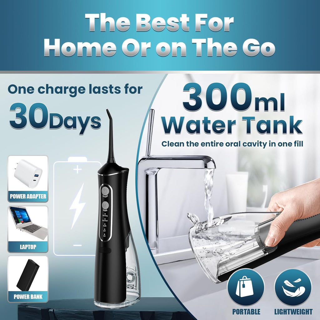 Water Flosser for Teeth Cleaning, 300ML Portable Cordless Oral Irrigator with DIY Strength, 4 Modes, IPX7 Waterproof & 30-Day Battery, 2-Min Smart Timer for Home/Travel Dental Care