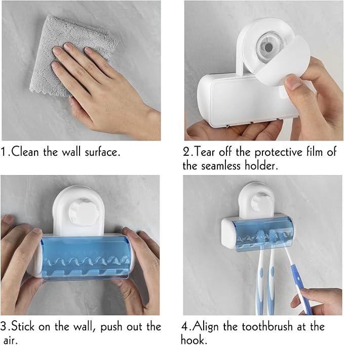 2 PCS Self Adhesive Toothbrush Holder with Cover for Bathroom, 5-Slot Wall Mounted Toothbrush Organizer Rack for Shower, Dorm, Cabinet