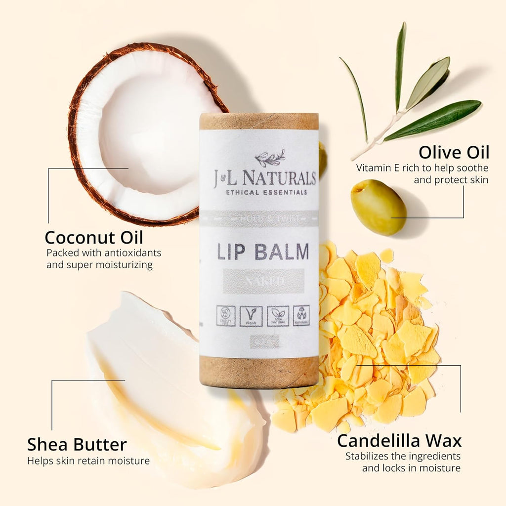 J&L Naturals Sustainable Lip Balm | Organic Ingredients, 100% Natural, Eco-Friendly | Cruelty Free, Vegan, Paraben Free, Silicone Free (Naked (Unscented), 5-Piece Bundle)