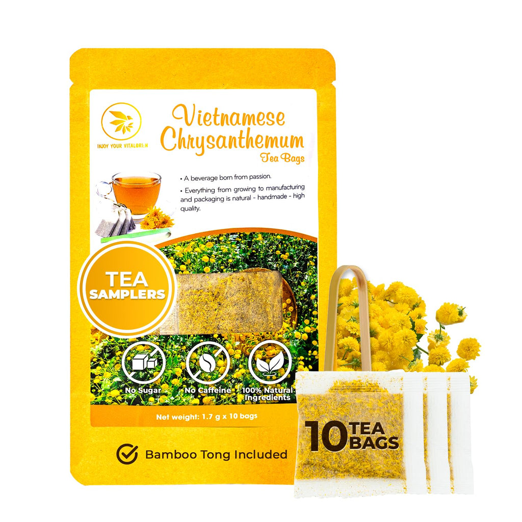 Vietnamese Chrysanthemum Tea Samplers - 10 Count + Bamboo Tong, No Sugar Added, No Caffeine, Re-Steep Chrysanthemum Floral Scent Herbal Tea for Detox, Refreshing, Relax