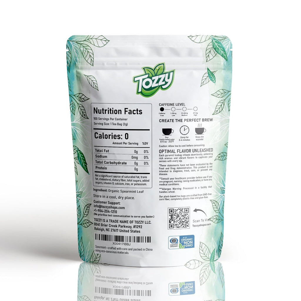 Tozzy Organic Spearmint Tea – 100 Count, Plant-Based Pyramid Tea Bags