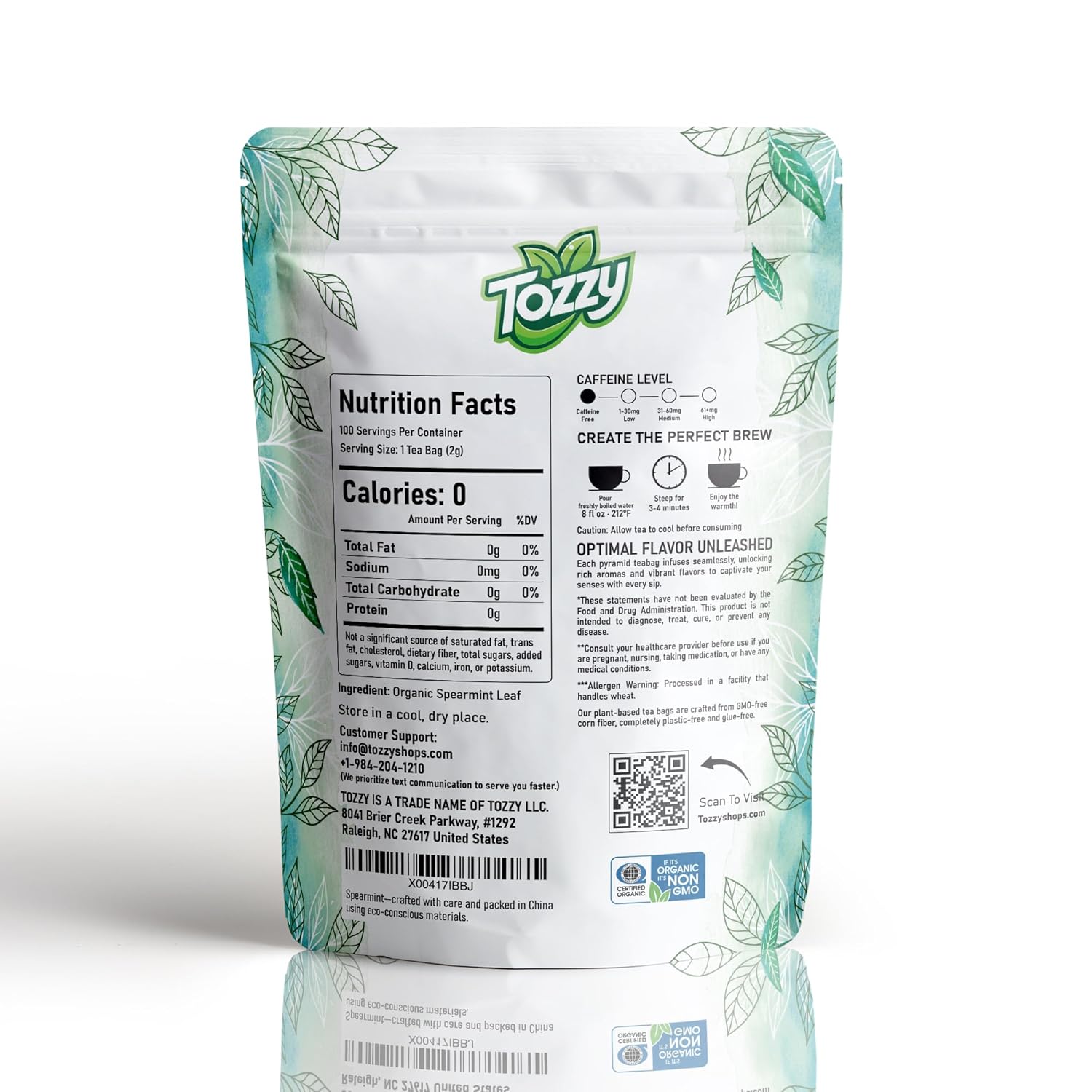 Tozzy Organic Spearmint Tea – 100 Count, Plant-Based Pyramid Tea Bags