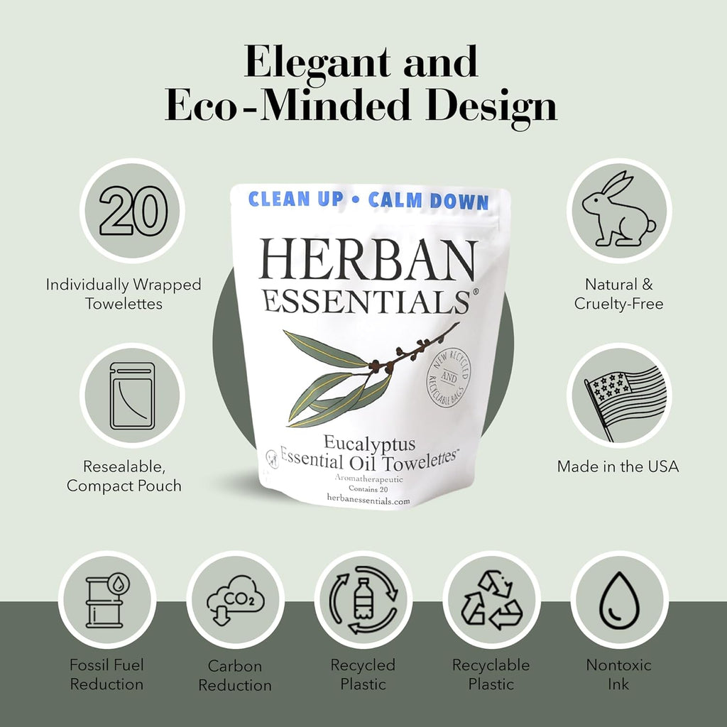 Herban Essentials - Eucalyptus Wipes & Towelettes - Essential Oil Wipes for Hands & Body - Travel Size Essentials and Toiletries - Natural, Individually Wrapped, Disposable & Moist Refresh (20 count)