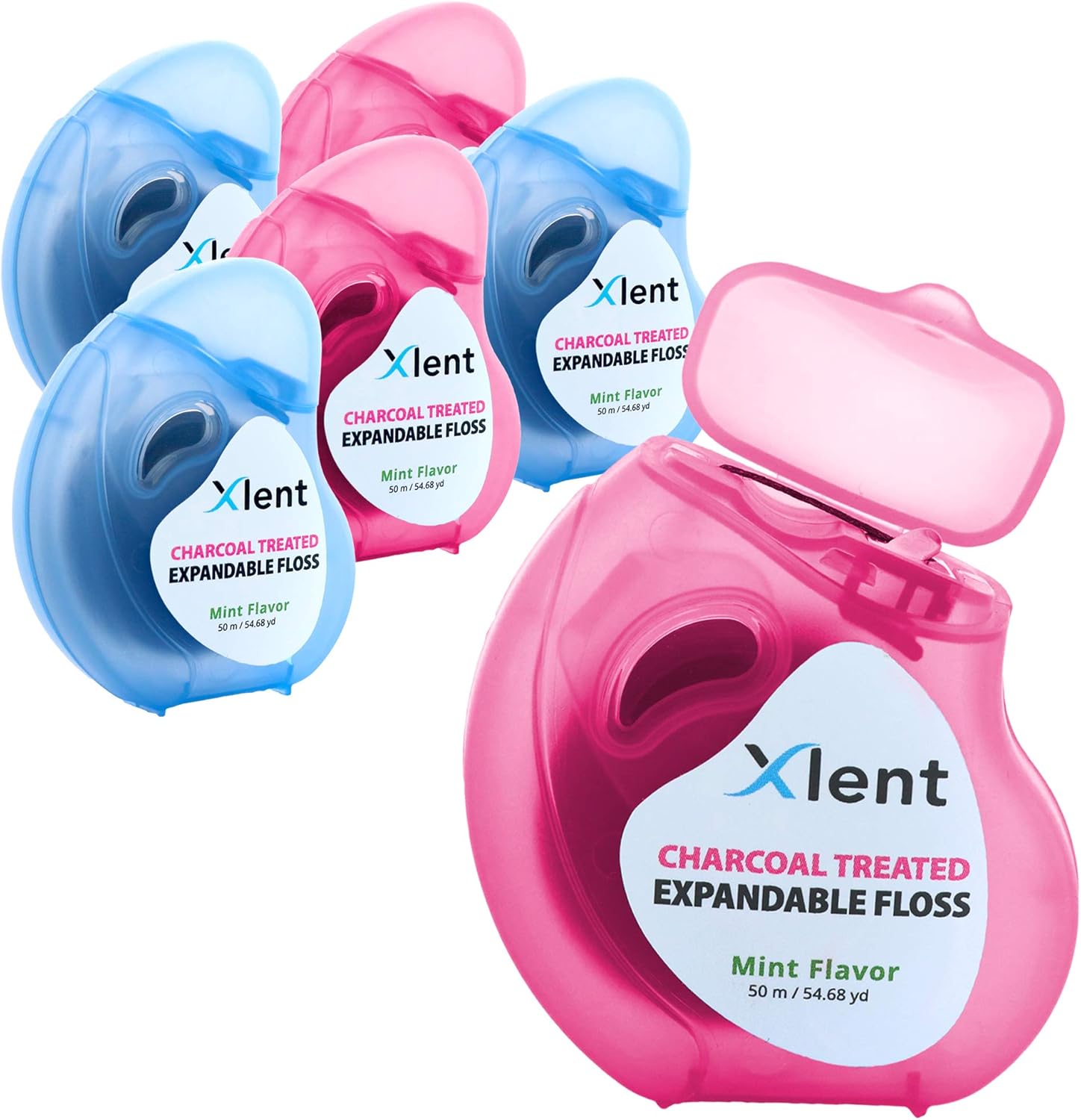 Expandable Floss Treated with Activated Charcoal with Xylitol and Natural Plant Based Wax |Fresh Mint Flavor | 50 Meter (6 Count)
