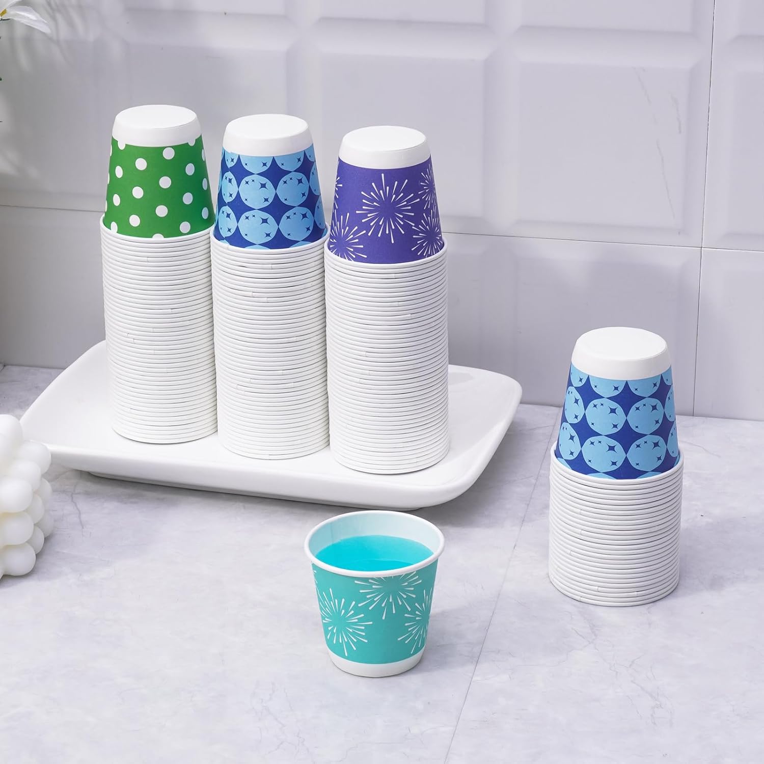 Tamone 600 Pack 3 oz Bathroom Cups, Small Paper Cups, Balloon Design Disposable Cups, Blue, Green, Orange, Mouthwash Cups for Party, Picnic, BBQ, Travel, Home and Event