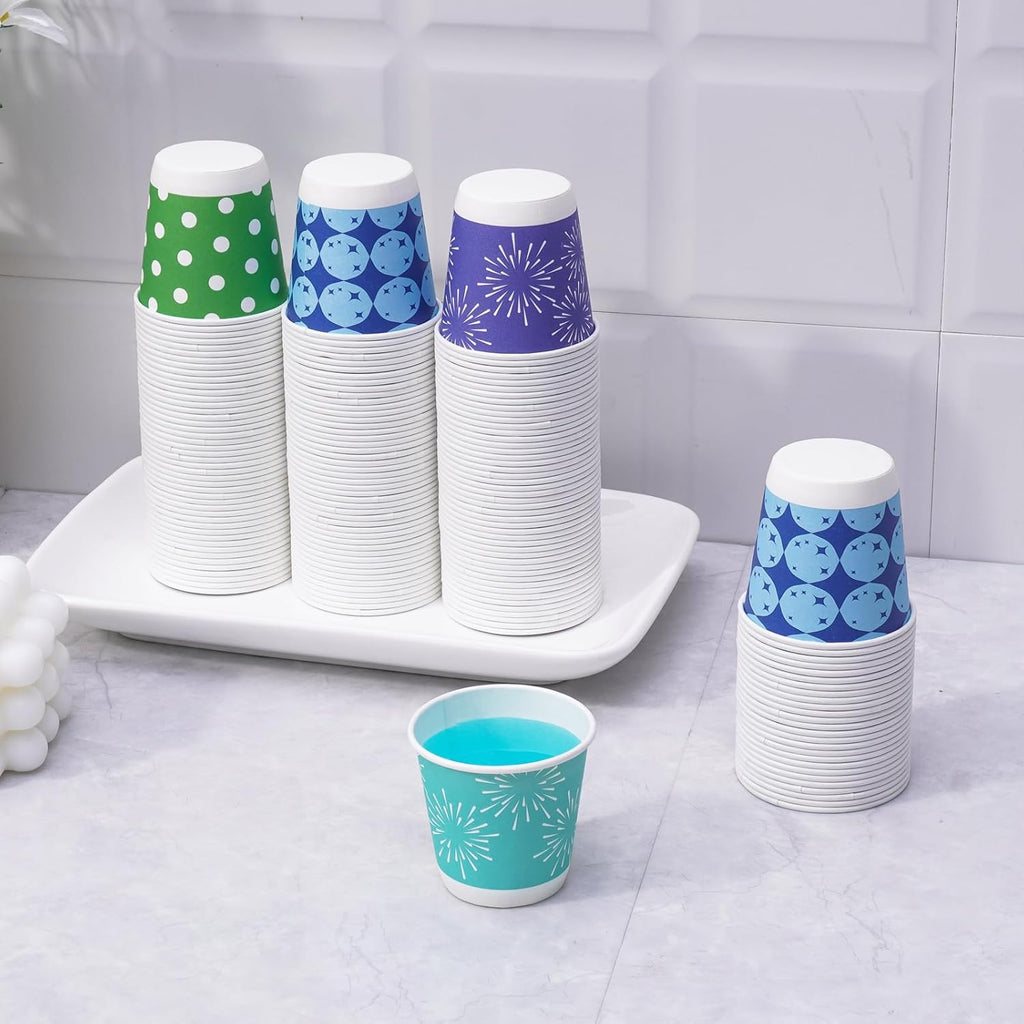 Tamone 600 Pack 3 oz Bathroom Cups, Small Paper Cups, Mini Disposable Cups Fireworks Design, Blue, Green Mouthwash Cups for Party, Picnic, BBQ, Travel, Home and Event
