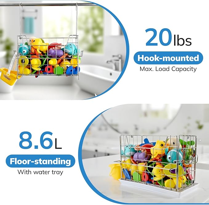 Umimile 304 Stainless Steel Bath Toy Holder - 8.6L Rustproof Baby Bathtub Toy Storage with Quick-Dry Drain Holes, Mold Resistant Design for Toys/Shampoo, 3-Way Mount (Wall, Hanging, Stand)