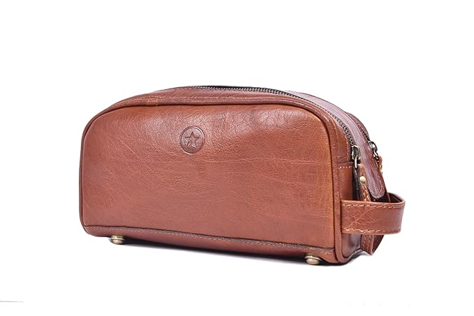 10" Premium Leather Toiletry Travel Pouch With Waterproof Lining | King-Size Handcrafted Vintage Dopp - Kit ~ Gift for Father's Day By Aaron Leather Goods (I Brown)