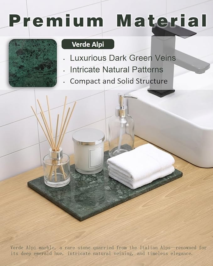 100% Natural Green Marble Tray, Luxury Stone Vanity Organizer for Perfume & Jewelry, Dark Green Decorative Marble Slab for Bathroom or Coffee Table, 12×8 Inch, Non-Resin