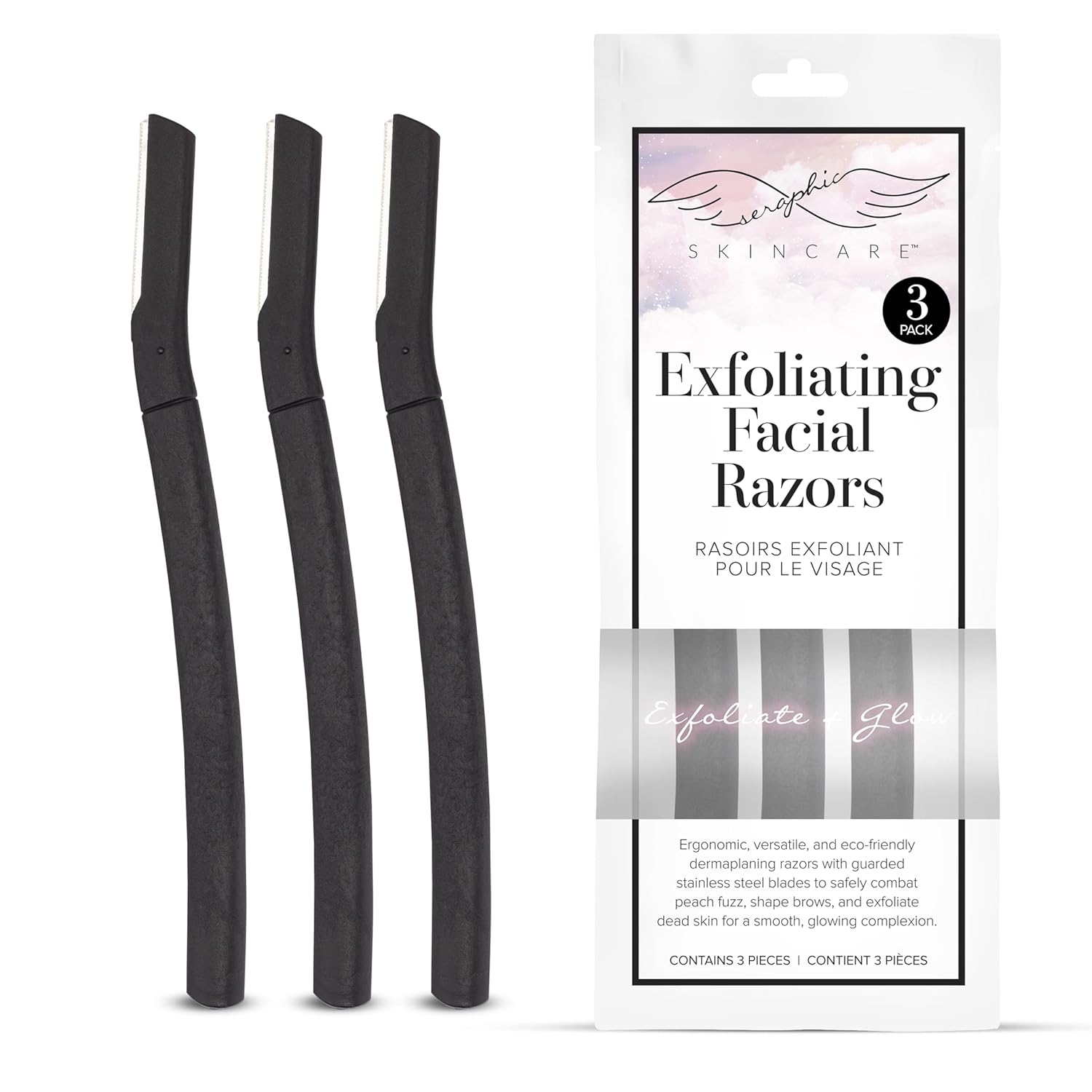 Seraphic Skincare Exfoliating Facial Razors Blades (3pc) – For Eyebrows, Peach Fuzz & Exfoliation – Dermaplane Face Razor for Women Face – Wheat Straw Handle & Swedish Stainless Steel Blades