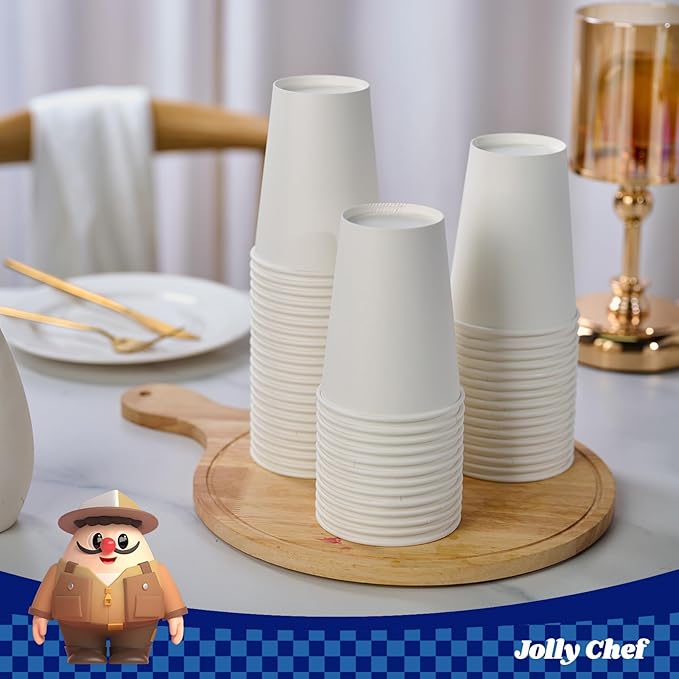 JOLLY CHEF 200 Count 12 oz Coffee Cups, Leak-Proof White Paper Cups for Coffee, Water, Juice, or Tea, Suitable for Party, Picnic, Travel, and Events