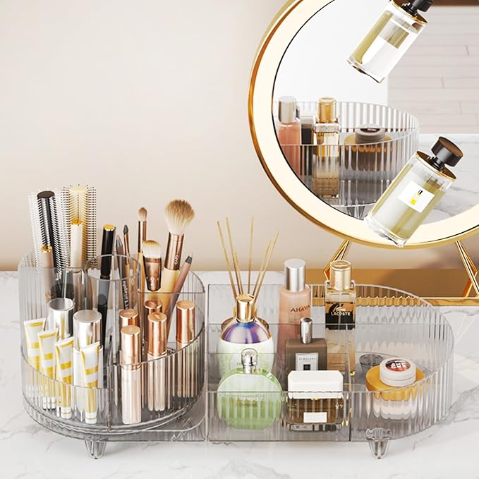 Rotating Makeup Organizer for Vanity with Brush Holder, Cosmetic Makeup Storage Organizer, Large Spinning Makeup Skincare Organizer, Countertop Makeup Perfume, Lotions Display Case (Transparent)