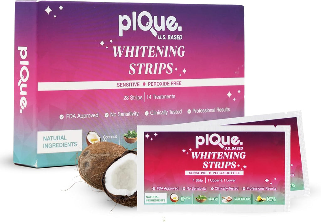 Peroxide Free Teeth Whitening Strips 14 Treatments - New Gentle Formula for Sensitive Teeth. Deep Stain Removal - Coconut Oil, Sage, Lemon Peel, Dead Sea Salt for Beautiful Bright Smile. (28 Strips)