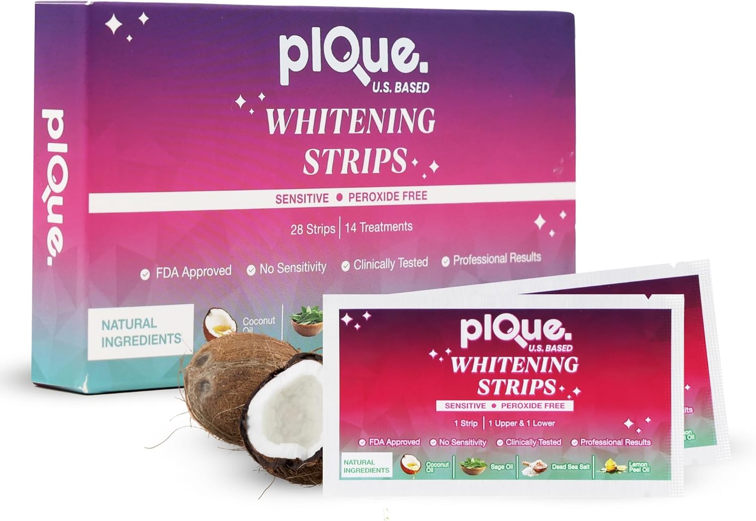 Peroxide Free Teeth Whitening Strips 14 Treatments - New Gentle Formula for Sensitive Teeth. Deep Stain Removal - Coconut Oil, Sage, Lemon Peel, Dead Sea Salt for Beautiful Bright Smile. (28 Strips)