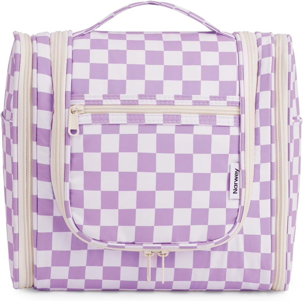 Narwey Checked Hanging Travel Toiletry Bag for Women, Travel Bag for Toiletries, Makeup Bag Organizer Cosmetic Bags Make Up Bags for Women (Purple Checkerboard)