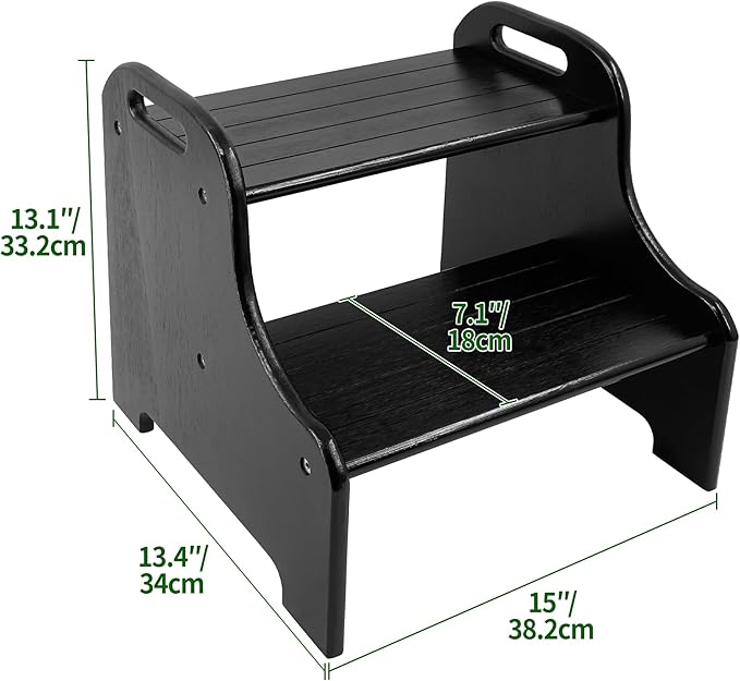 VaeFae Bamboo 2 Step Stool with Non-Slip Step Treads and 2 Cutout Handles (Black)