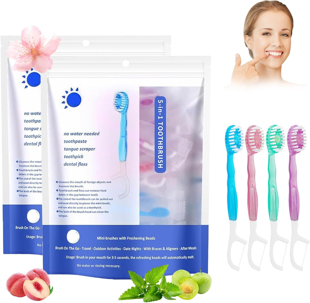 5 in 1 Toothbrush & Floss, 26Pcs mini toothbrushes with Toothpaste, All in one Oral Care on The go, 5 in 1 mini Brush, Toothpaste and Floss, Disposable Travel Toothbrush Set (2)