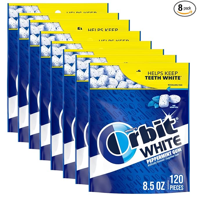 ORBIT WHITE Peppermint Gum - Sugar-Free Chewing Gum, Resealable Bag 120 Pieces, 8 Pack
