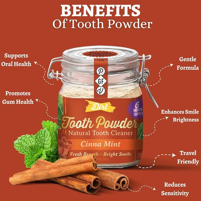 The Dirt - Remineralizing Tooth Powder, Natural Fluoride-Free Teeth Whitening Powder with Hydroxyapatite, Flouride & Gluten Free, Organic Vegan (Cinna Mint, 51g: 6 Month Supply)
