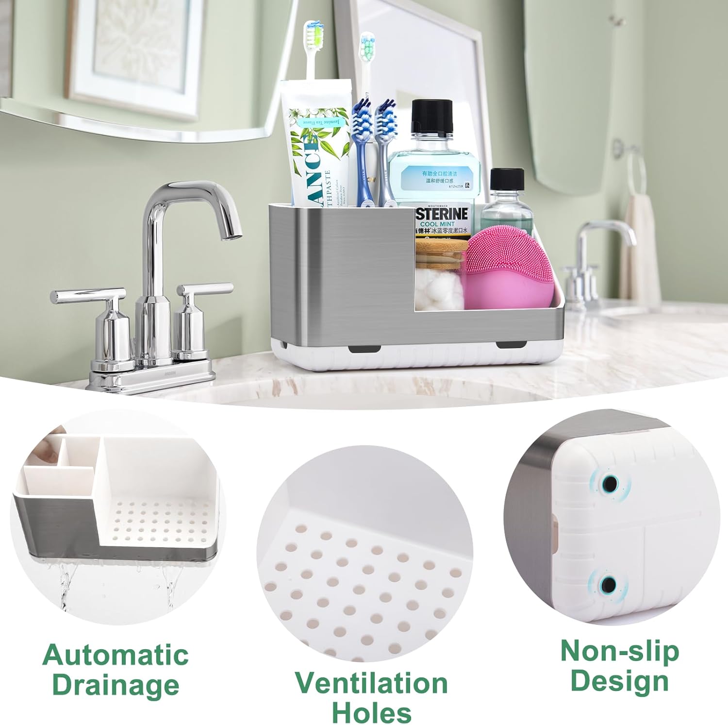 Toothbrush Holders for Bathroom Countertop Organizer, Brushed Nickel Tooth Brush Holder, Kids Electric Toothbrush and Toothpaste Holder with Drainage (Brushed Silver)