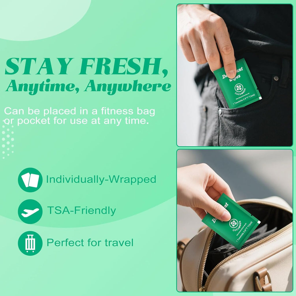 Travel Deodorant Wipes Individually Wrapped,Body Wipes to Clean Skin for Women Men（Cucumber,pack of 100)