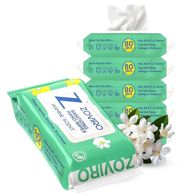 Zoviro Hand Sanitizer Wipes, Jasmine Essential Oils, 100% Viscose Ultra-Soft Wipes, Moisturizing & Non-Sticky, Jasmine Scent, Adults & Kids, 80 Count (Pack of 6)