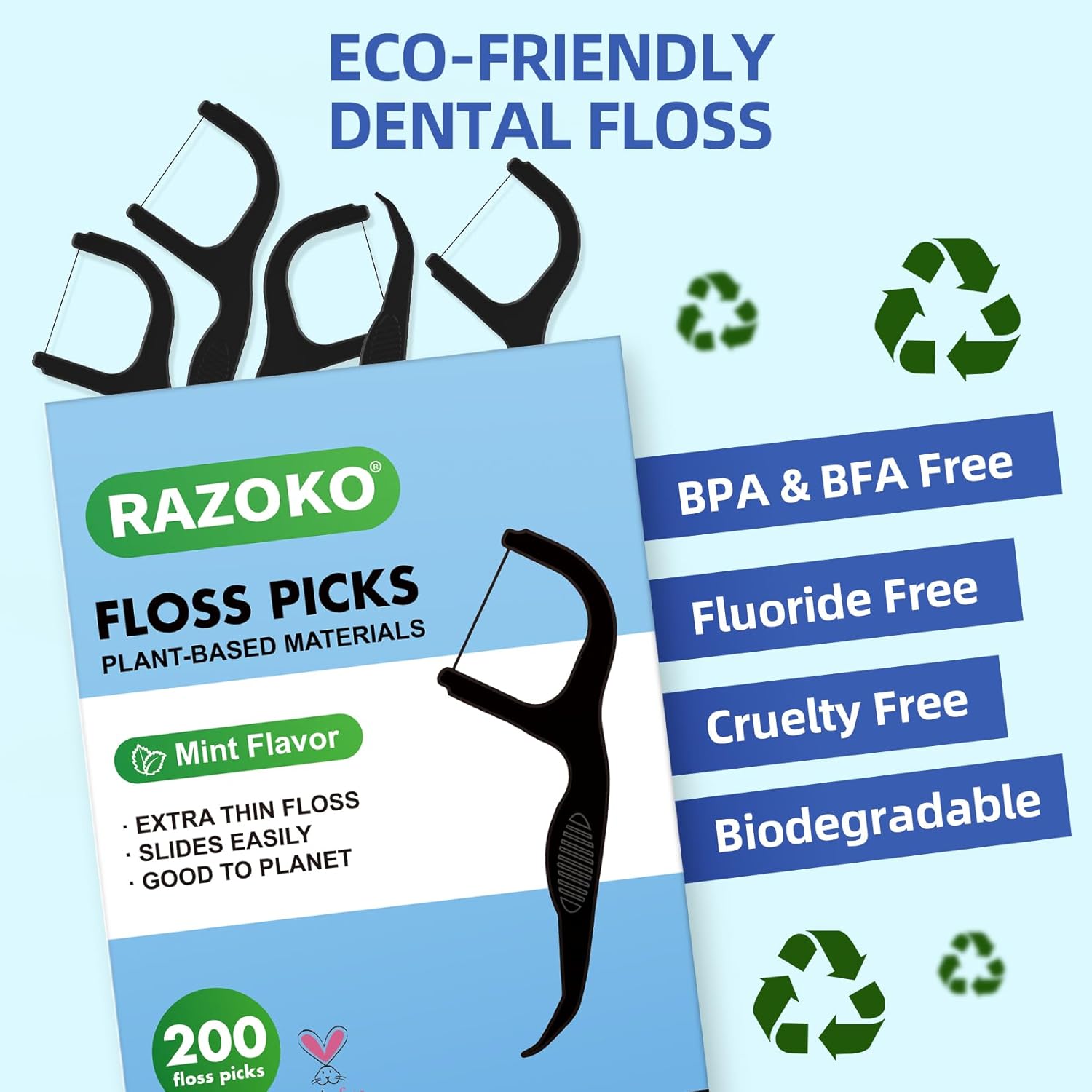 RAZOKO Biodegradable Dental Floss Picks, Charcoal Toothpick Stick Soft On Gum & Teeth, Plant Based Dental Floss Picks for Adults & Kids, 100 Count Mint