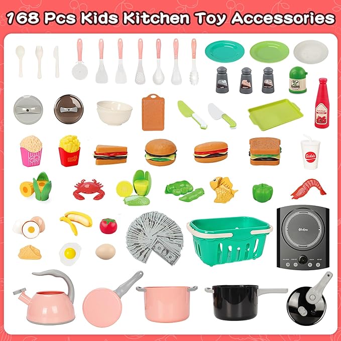 168Pcs Kids Play Kitchen Accessories Toy Set, Pretend Cooking Food Playset with Induction Cooktop, Pot, Pan, Utensils, Cutting Fruit, Prop Money & Shopping Basket, Learning Gifts for Toddler Girl Boy