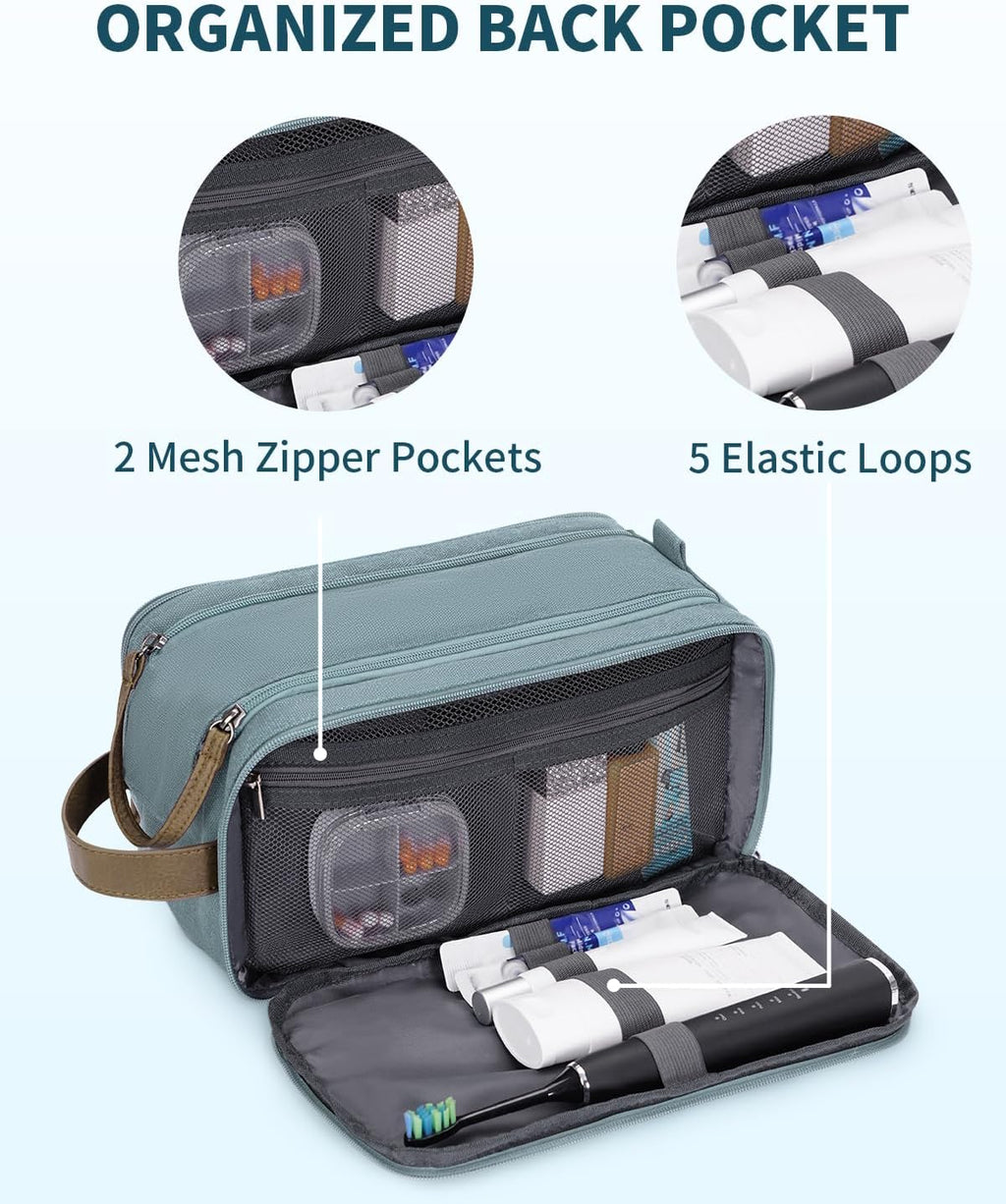 WANDF Toiletry Bag for Men Travel Toiletry Organizer Canvas and Leather Dopp Kit Water-Resistant Shaving Bag for Travel Accessories (Pale Blue, Large)