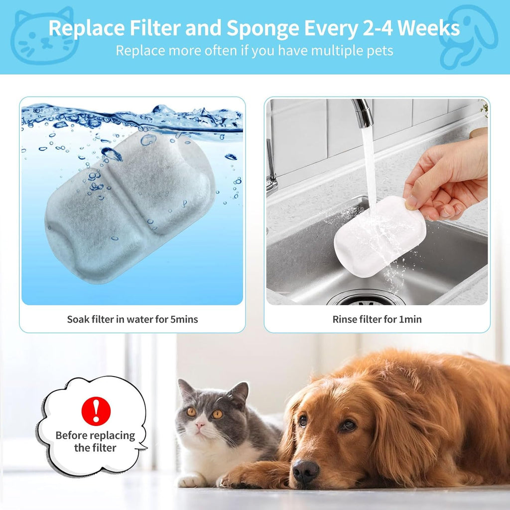 16 Set Dog Fountain Filter Replacement for 7L/230oz/1.8G Stainless Steel Dog Water Dispenser, YOIHABV Cat Fountain Filters, Triple Filtration Pet Water Filter, Replacement Filters and Sponges