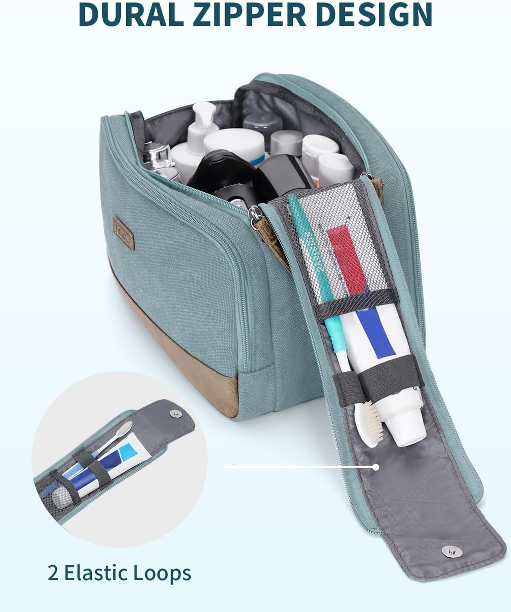 WANDF Toiletry Bag for Men Travel Toiletry Organizer Canvas and Leather Dopp Kit Water-Resistant Shaving Bag for Travel Accessories (Pale Blue, Large)