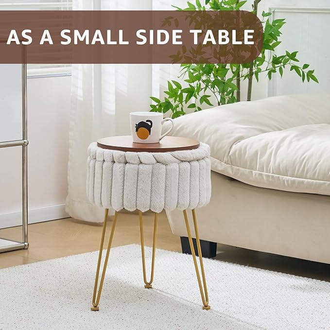 Wimarsbon Vanity Stool with Storage, Faux Fur Ottoman Chair with Metal Legs, Round Makeup Vanity Chair for Bedroom or Dressing Table, Modern Small Ottoman Seat (Light Grey)