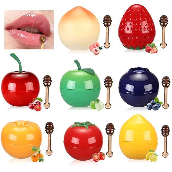 8 PCS Bee Lip Balm Fruit Lip Mask, Teen Girl Stuff, Bulk Gifts for Girls, Cute Fruit Balm with Honey & Vitamin E, Effective Reduces Lip Lines Prevention Dry and Crack Lip