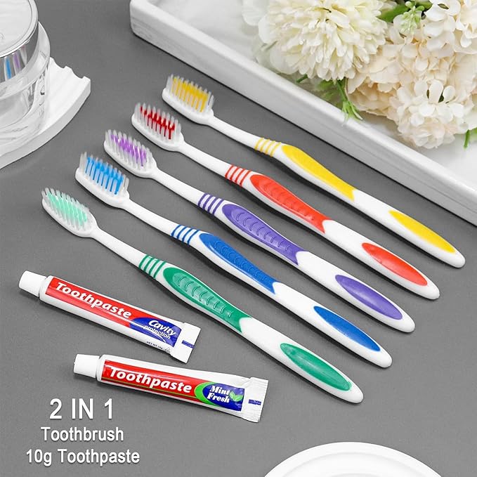 200 Pcs Disposable Toothbrushes with Toothpaste Individually Wrapped, 10g Travel Toothpaste Single Use Manual Toothbrush for Adults Guests Travel Hotel Homeless (5 Colors)