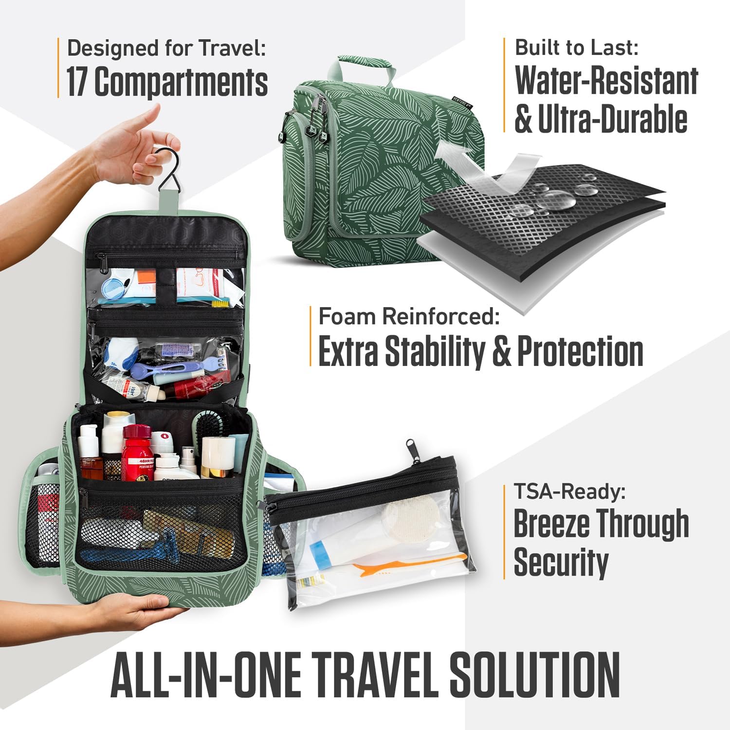 VENTURE 4TH Hanging Travel Toiletry Bag for Women & Men - Travel Organizer with Expandable Compartments & Removable Clear Pouch for Toiletries (Green Leaves)