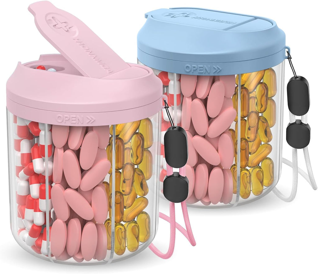 Pill Dispenser with 7 Large Compartments, Pill Organizer for Travel, Supplement Organizer with Anti-Mixing Design, BPA-Free Pill Container with 20 Pcs Labels, Blue+Pink