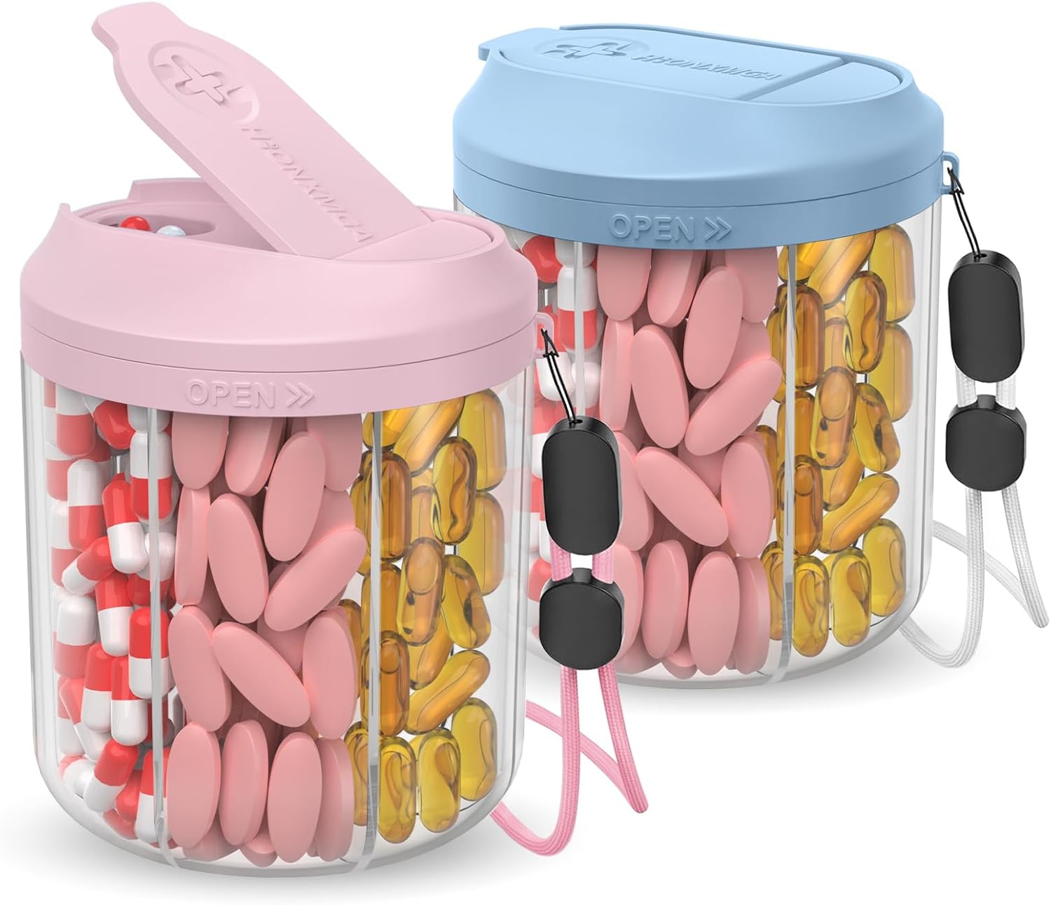 Pill Dispenser with 7 Large Compartments, Pill Organizer for Travel, Supplement Organizer with Anti-Mixing Design, BPA-Free Pill Container with 20 Pcs Labels, Blue+Pink