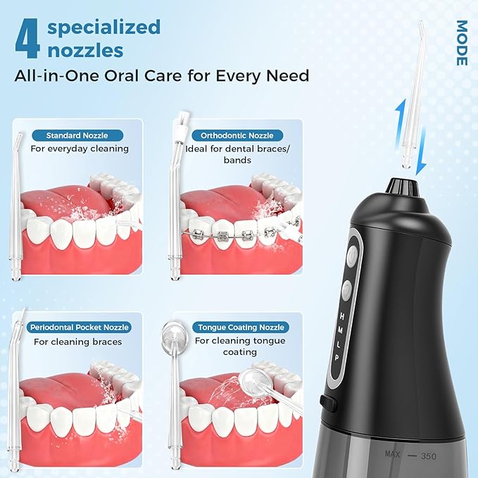 Water Dental Flosser Pick for Teeth, Cordless Oral Irrigator Cleaner 350ML IPX7 Waterproof Rechargeable, 4 Modes 4 nozzles, Portable Professional Flossing for Cleaning Gum Care Braces Home Travel