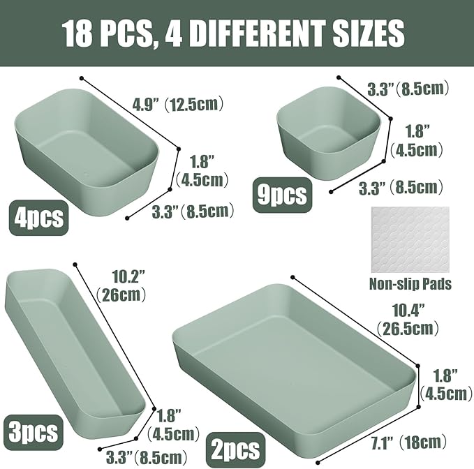 Plastic Drawer Organizers, 18 PCS Drawer Organizer Bins, Bathroom and Vanity Organizer Plastic Tray, Makeup organizer and storage for Makeup, Bedroom, Kitchen Gadgets Utensils and Office