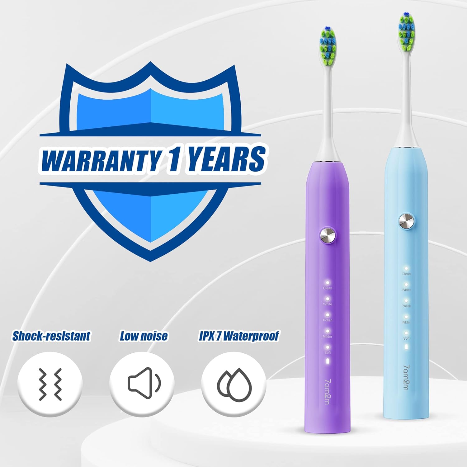 7AM2M Rechargeable Sonic Electric Toothbrush 2 Pack, Soft Toothbrushes for Adults and Kids with 12 Brush Heads, IPX7 One Charge Use for 60 Days, 5 Modes with 2 Minutes Build in Smart Timer