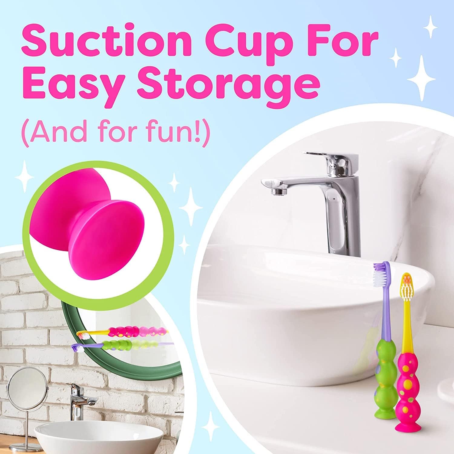 Kids Toothbrush 6 Pack - Soft Contoured Bristles - Child Sized Brush Heads (3-10 Year Old) - Suction Cup for Fun & Easy Storage - Girl & Boy Set (6-Pack, Green & Pink)