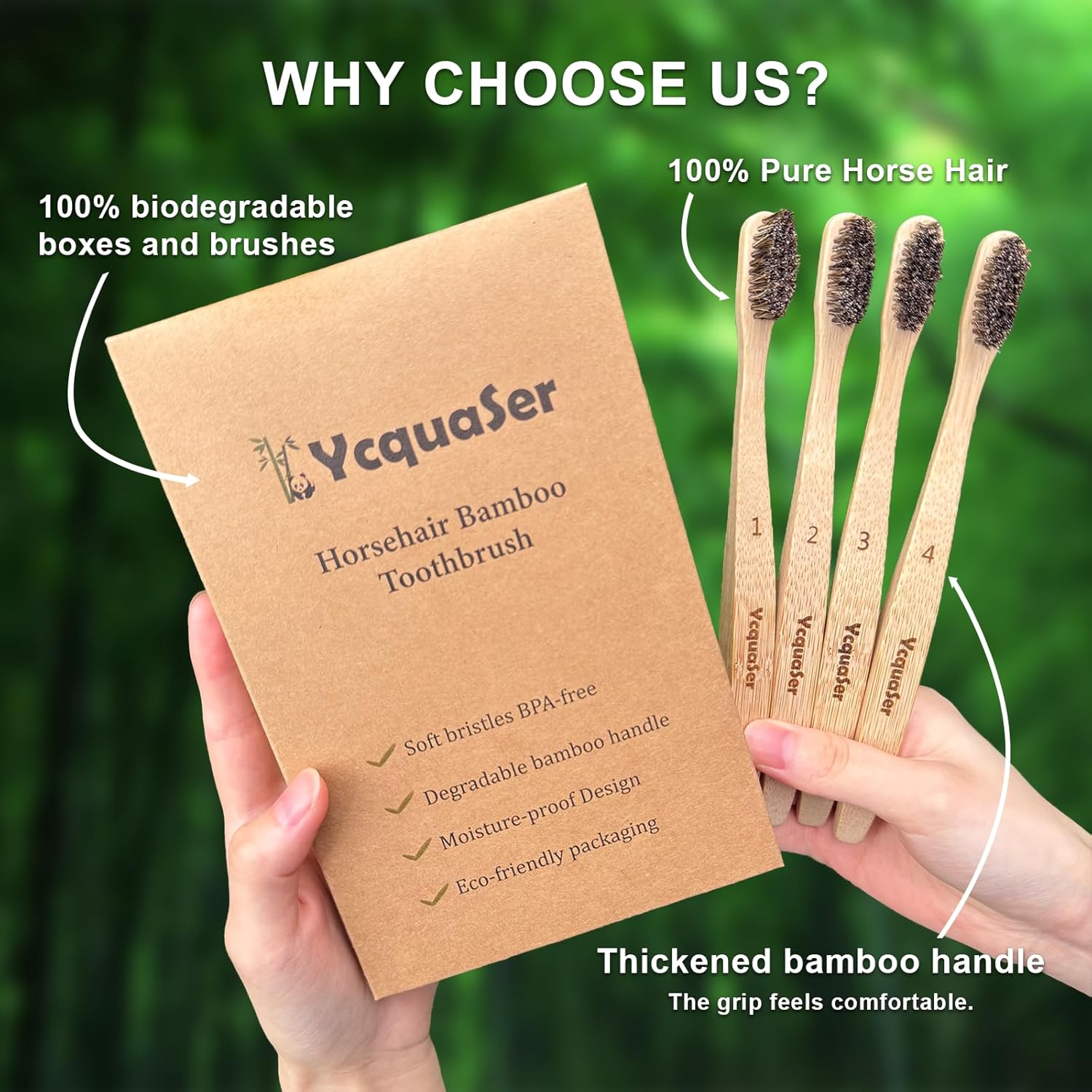 Bamboo Toothbrushes,Travel Toothbrush&Horse Bristle(4-Pack),Natural Soft Bristles for Adults,100% Biodegradable,Plastic & Nylon Free
