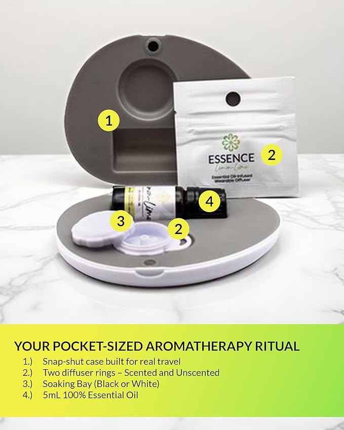 Essence Pearl Travel Case - Wearable Aromatherapy Kit with Nasal Diffuser Rings, Soaking Bay, and 5mL Essential Oil – Portable Wellness Gift Set for On-The-Go Self Care