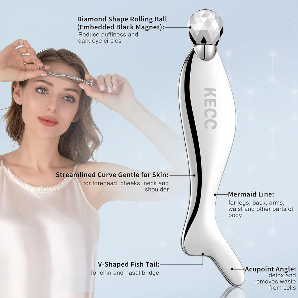 KECC Gua Sha Facial Massager (Fishtail),Stainless Steel Cold Roller Sticks for Face Eyes,Crescent Line Chin Lift Tightening Skin Tool, 4 Edges Drainage Sculpting Beauty Tool